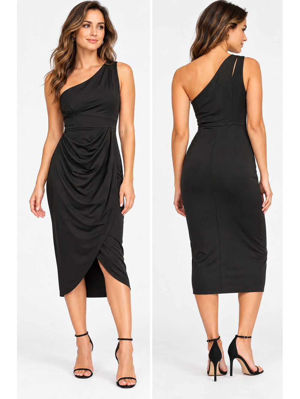 Zalalus Womens S Black One Shoulder Bodycon Midi Dress Ruched Draped NWT